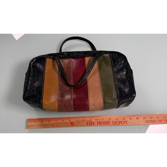 VTG 60's Mod Vinyl Satchel Handbag Multicolor Stripe Design GrannieCore - Picture 4 of 10